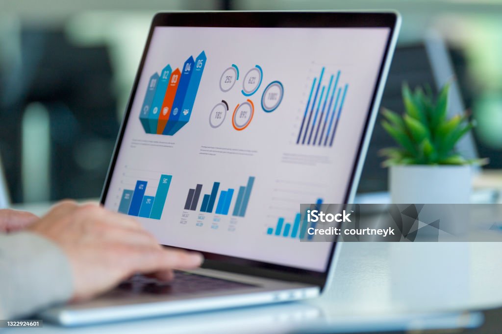 Close up of businessman using a laptop with graphs and charts on a laptop computer. Close up of businessman using a laptop with graphs and charts on a laptop computer. The mans hands can seen typing in a keyboard Big Data Stock Photo