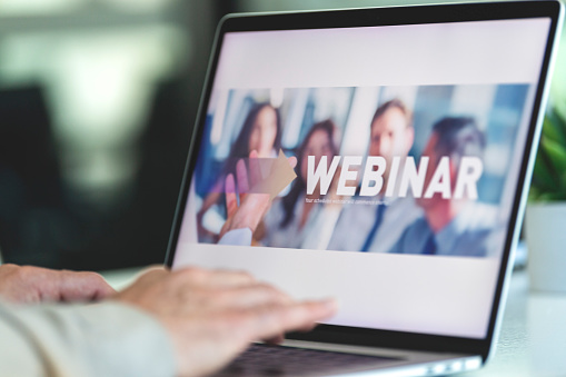 Webinar Screen Layout Businessman Looking At A Webinar Screen On A Computer Stock Photo ...