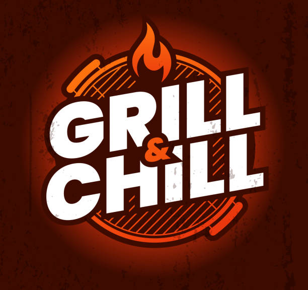 Grill and Chill Grilling Symbol Grill and chill symbol text fire warm design. metal grate stock illustrations