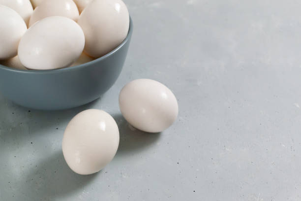 istock White chicken eggs lie in a gray bowl on a gray background. 1322932305