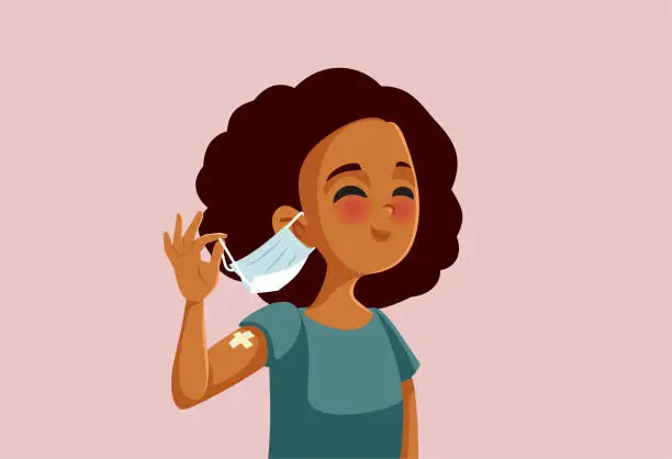 Vector illustration of Vaccinated African Girl Taking Her Medical Mask Off