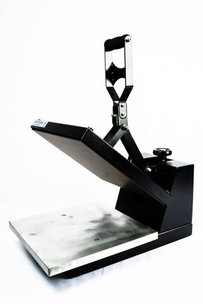 Isolated Heat Press with Open Lid Exposing Hot Plates. Vinyl Heat Transfer Equipment stock photo