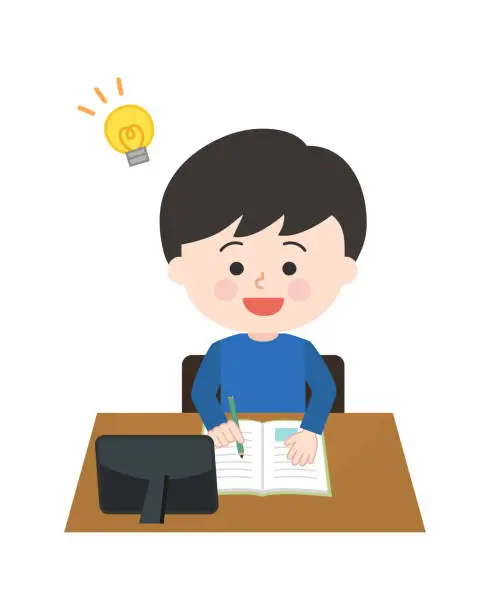 Vector illustration of A boy studying happily on her tablet.