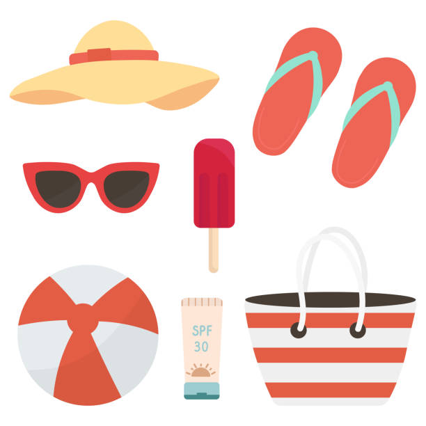 夏のビーチでの休暇。フラットなデザインでビーチレストのために設定。ビーチでリラックスするためのアイコンのセット。ウェブ、カード、ポスター、カバー、タグ、招待状、ステッカー� - relaxation vacations heat sunglasses点のイラスト素材／クリップアート素材／マンガ素材／アイコン素材