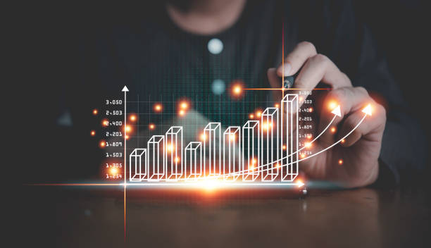 Investor touching growth graph chart and data business strategy digital marketing and payment on digital virtual screen analyze planning business and financial growth up concept.