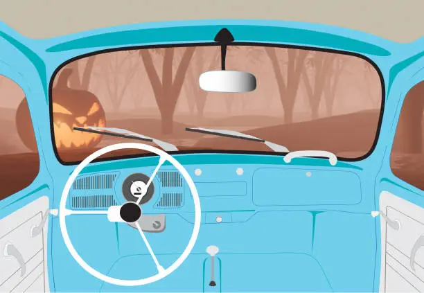 Vector illustration of View inside of vintage beetle car driving to the horror darkness forest