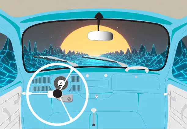 Vector illustration of View inside of vintage beetle car on 80s road background