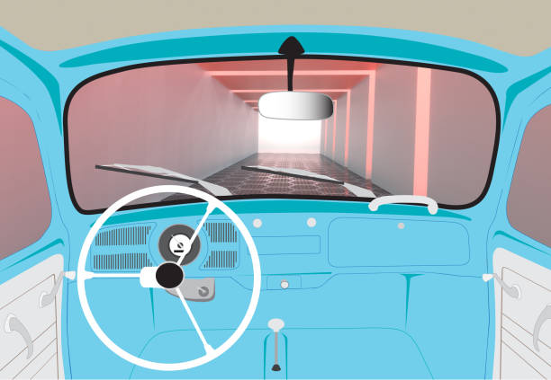View inside of vintage beetle car driving through tunnel. Retro interior old car on highway tunnel road.