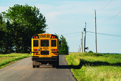 A school bus travels down a country road on its morning pickup route.