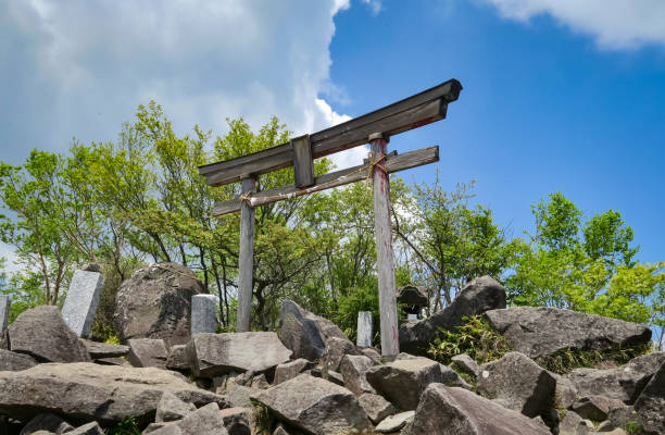 Kurobisan Shrine Torii Gate on top of Mt. Kurobi Kurobisan Shrine Torii Gate on top of Mt. Kurobi (Akagi) in Gunma, Japan. June 9, 2021. mt akagi stock pictures, royalty-free photos & images