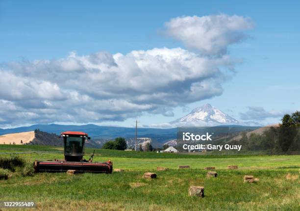 Hay Baler Wheat Field And Mt Hood In Dufur Oregon Taken In Summer Stock Photo - Download Image Now