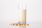 Glass of soya milk with soya beans.