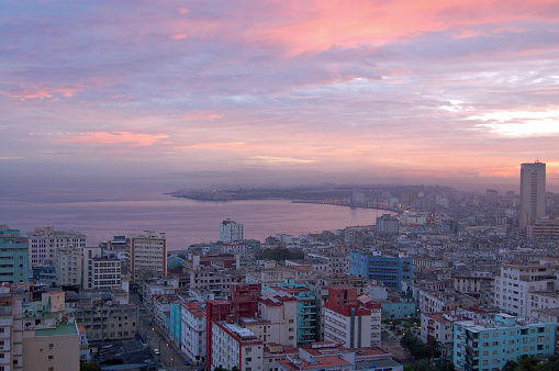 Elevated view across Havana Bay, Cuba at sunset.