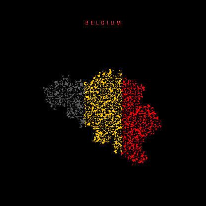 Belgium flag map, chaotic particles pattern in the colors of the Belgian flag. Vector illustration isolated on black background.