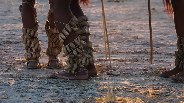Close-up portrait view of San people (Bushmen) feet with dancing rattles