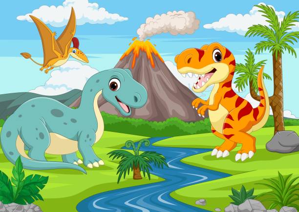 Grupo de divertidos dinosaurios de dibujos animados en la selva - ilustración de arte vectorial