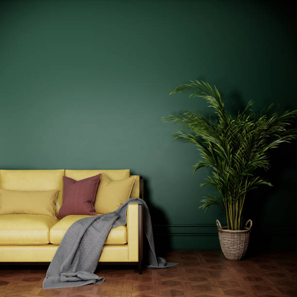 istock yellow sofa and tree in green color room. interior design 3d rendering background 1322961390