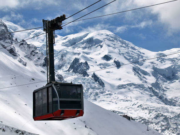 Mont Blanc and the Cable Car Mont Blanc and cable car between Chamonix and Aiguille du Midi in the French Alps. aiguille de midi photos stock pictures, royalty-free photos & images