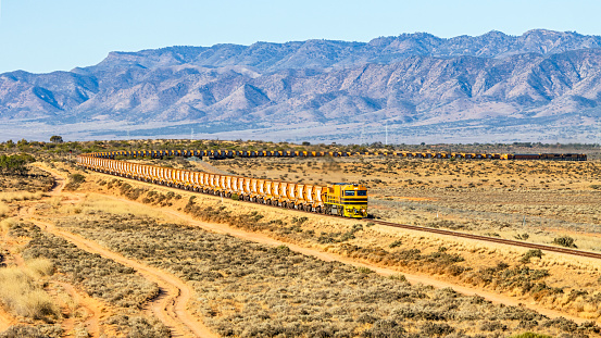 Long loaded iron ore train with Flinders Ranges background