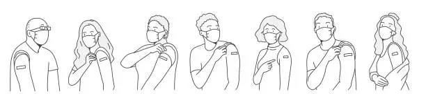 Vector illustration of Vaccination. People in protection masks.