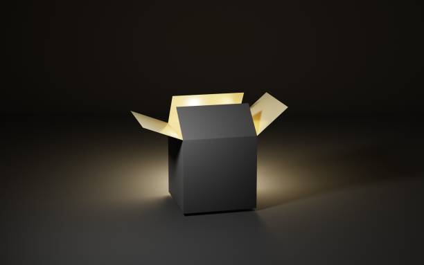 istock Gift box with gold light on dark background, magic container opens, surprise idea, prize drawing, holiday secret christmas or birthday present, packaging mockup, black friday sale, 3d illustration 1322971305