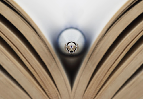 A blue ball pen embedded in an open book. Concept of education, study, research. Macro with shallow depth of field.