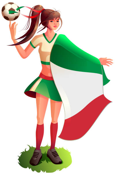 ilustraciones, imágenes clip art, dibujos animados e iconos de stock de mujer fan jugador de fútbol en uniforme deportivo sostienen bandera italiana y pelota de fútbol - american football sports uniform football white background