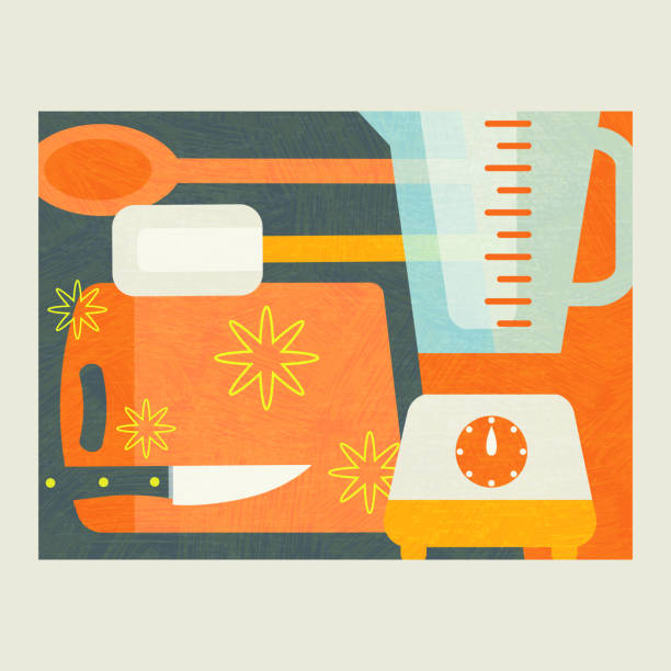 음식 준비를위한 요리 도구의 추상적 인 그림. 현대 요리 테마 벡터 일러스트레이션 - 주걱 일러스트 stock illustrations
