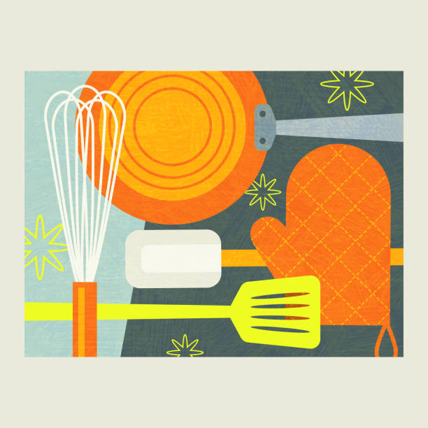 ilustraciones, imágenes clip art, dibujos animados e iconos de stock de ilustración abstracta de herramientas de cocina para la preparación de alimentos. - wire whisk symbol computer icon spatula