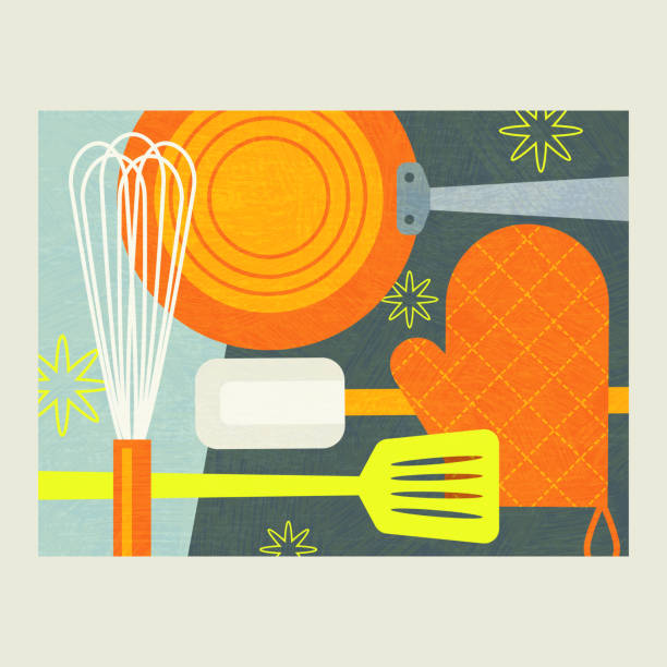 illustrations, cliparts, dessins animés et icônes de illustration abstraite d’outils de cuisson pour la préparation des aliments. - retro revival baking domestic kitchen food