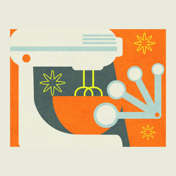 Abstract illustration of tools for baking and food preparation. Abstract collage of tools for baking and food preparation. Includes electric mixer, bowl and measuring spoons. Modern cooking theme vector illustration artwork, decor, social media, banners. mixing bowl icon stock illustrations