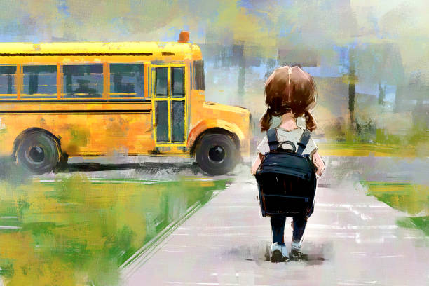 ilustraciones, imágenes clip art, dibujos animados e iconos de stock de pintura al óleo de arte digital de una niña estudiante caminando hacia el autobús escolar, pincelada áspera sobre textura de lienzo. - transporte escolar