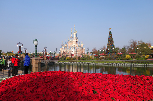 Shanghai, China- Dec 26, 2017: Sleeping Beauty Castle in Disneyland park in Shanghai, China. Shanghai Disneyland Park is a theme park located in Pudong, Shanghai