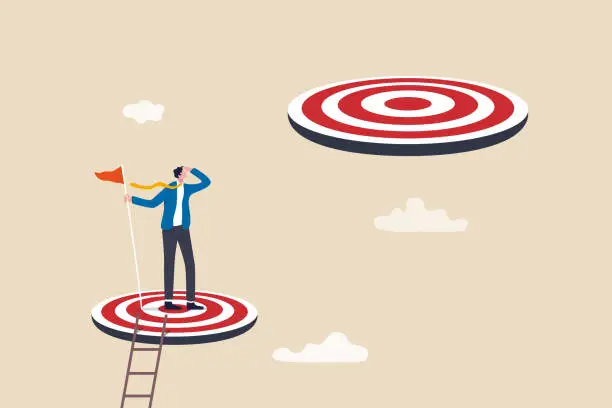 Vector illustration of Challenge achievement or higher target, the way forward or next level, bigger business goal or aspiration concept, success businessman climb up ladder reaching goal and looking for next bigger step.