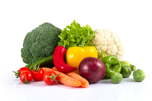 Garden vegetables set. Celery, pepper, beetroot, carrot, onion, garlic, ginger, tomato, cucumber and green bean isolated on white background. Healthy eating. Creative layout. Flat lay, top view