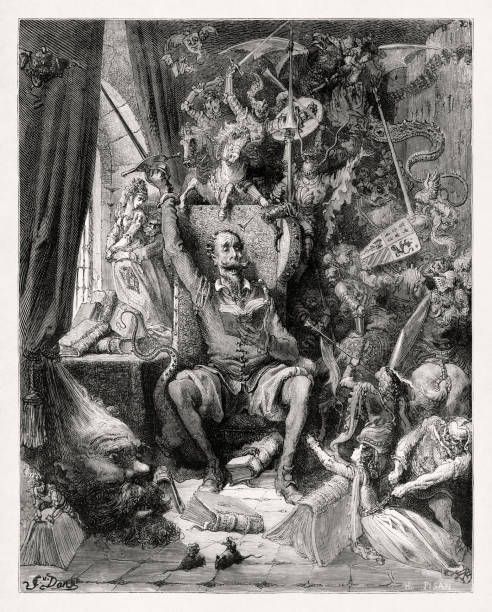 Don Quixote from the novel by Miguel de Cervantes Drawing of Don Quixote in his library made in 1863 by Gustave Doré to illustrate a new edition of the works of  Miguel de Cervantes originally published in 1605. don quixote stock illustrations