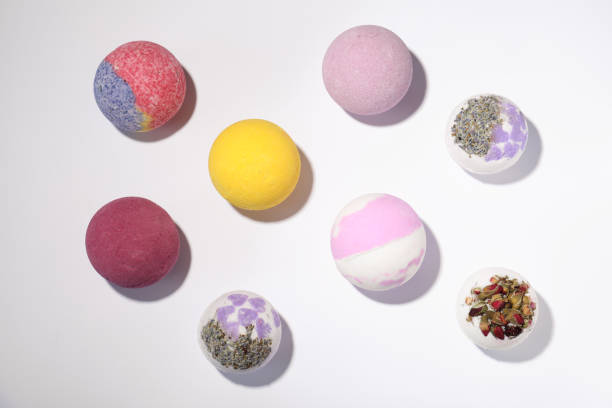 istock Colorful bath bombs on white background, flat lay 1322989181