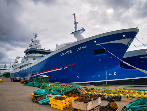 Moored at Lerwick harbour, the Adenia (LK193), a midwater trawler built in 2019 - one of the Shetland pelagic fishing fleet and with a home port of Symbister, Whalsay.