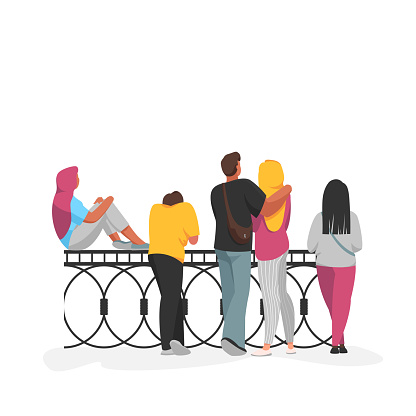 people. vector image of a group of people. rear view. people are standing on the bridge