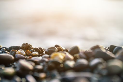 Macro shot of a pebble at a coastline at sunset