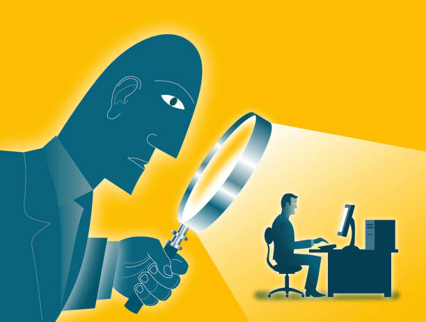 Big Brother A large man looks through a magnifying glass at a small man who is sitting at a desk looking at a computer. big brother orwellian concept stock illustrations