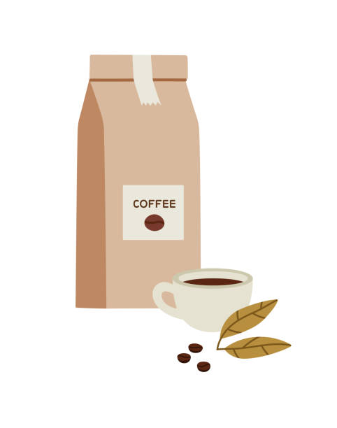 illustrazioni stock, clip art, cartoni animati e icone di tendenza di illustrazione vettoriale del pacchetto artigianale con caffè, una tazza di caffè e chicchi di caffè, isolati su bianco. - coffee bag coffee bean bean