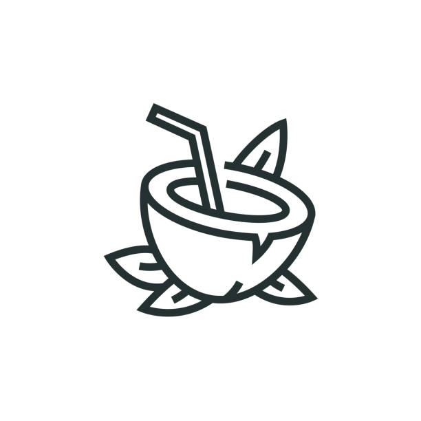 ilustrações de stock, clip art, desenhos animados e ícones de coconut cocktail line icon - drink umbrella illustrations