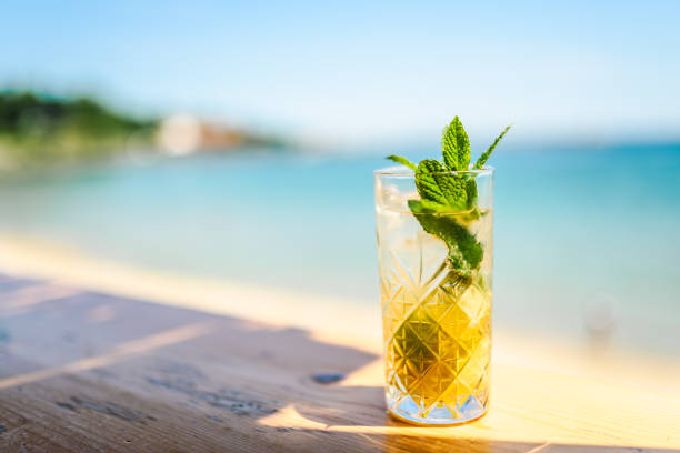 It's cocktail time! Tasty Mojito cocktail in front of the beach. tropical drink stock pictures, royalty-free photos & images