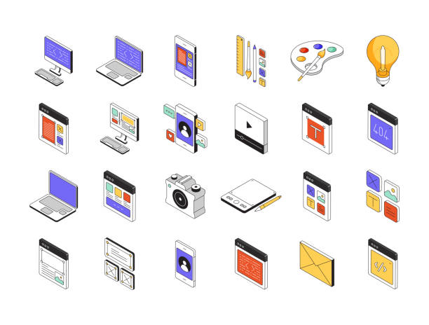 웹 디자인 아이소메트릭 아이콘 세트 및 3차원 디자인 - iphone computer icon symbol google stock illustrations