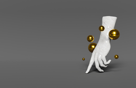 white marble hand walking on dark background with golden spheres around it and space for text. 3d render