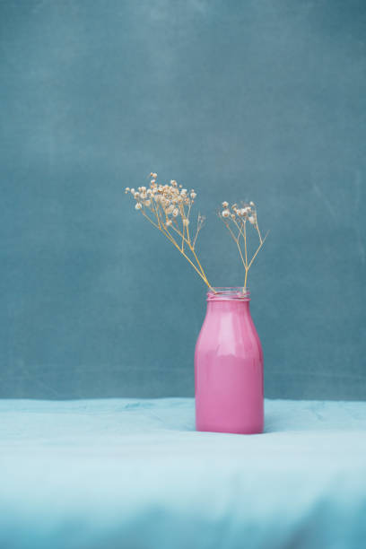 babys atem in rosa glasflasche auf blauem hintergrund - cut flowers white small still life stock-fotos und bilder