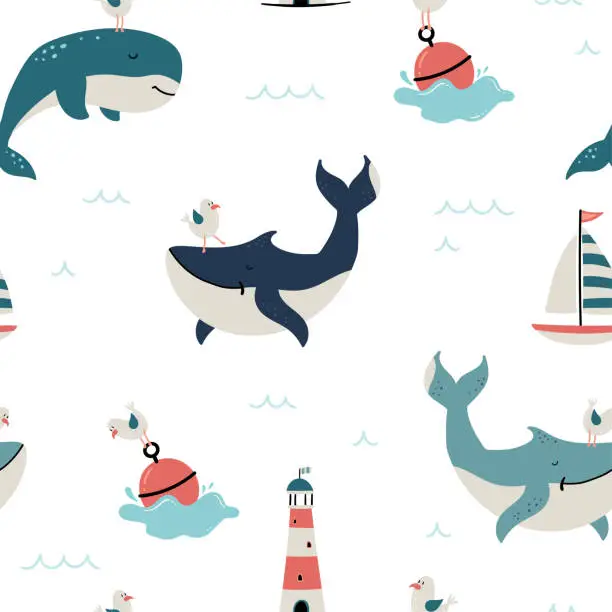 Vector illustration of Cute hand drawn sea life seamless pattern, happy whales and decoration, great for summer textiles, banners, wallpapers, wrapping - vector design
