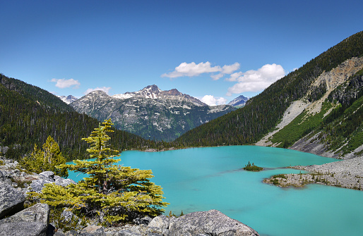 The turquoise Joffre Lake is surrounded by the Rainforest. Mountain peaks in the background. Joffre Lakes Provincial Park. British Columbia, Canada.