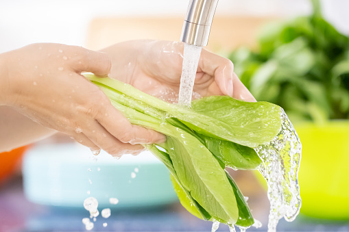 slow motion of young woman hand is holding a vegetables under the tap - close up Washing green vegetable